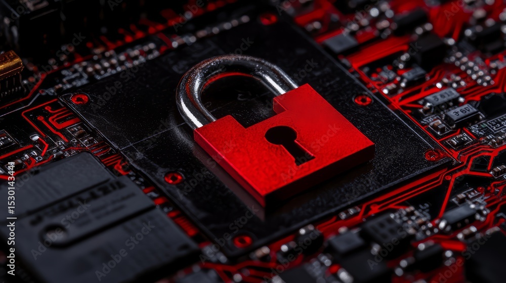 Aufkleber red lock is placed on a black circuit board, which is surrounded by red wires. concept of security a