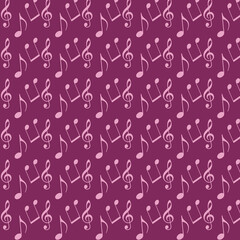 Seamless pattern with pink music notes and treble clefs on a deep purple background. Stylish musical design ideal for textiles, stationery, wrapping paper, and creative art projects.