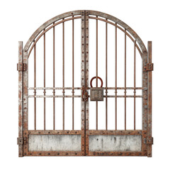 rusted arched metal gate with vertical bars and padlock isolated transparent background png, old iron gate with curved top and central lock © Aqsa Shafique