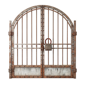 rusted arched metal gate with vertical bars and padlock isolated transparent background png, old iron gate with curved top and central lock