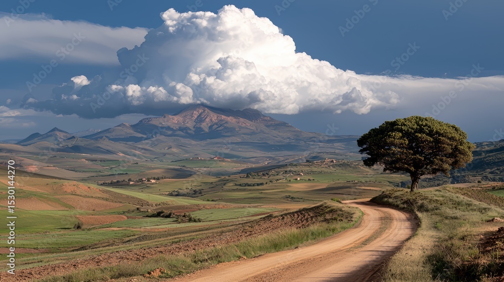 Poster Road winds through a dry, barren landscape with a large cloud looming in the distance. The scene is desolate and quiet, with only the sound of the wind and the occasional rustle of the trees