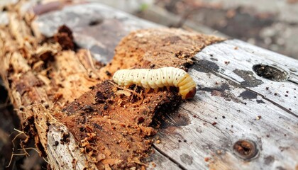 Wood-boring grub close-up, wood destruction, nature, decomposition process observed