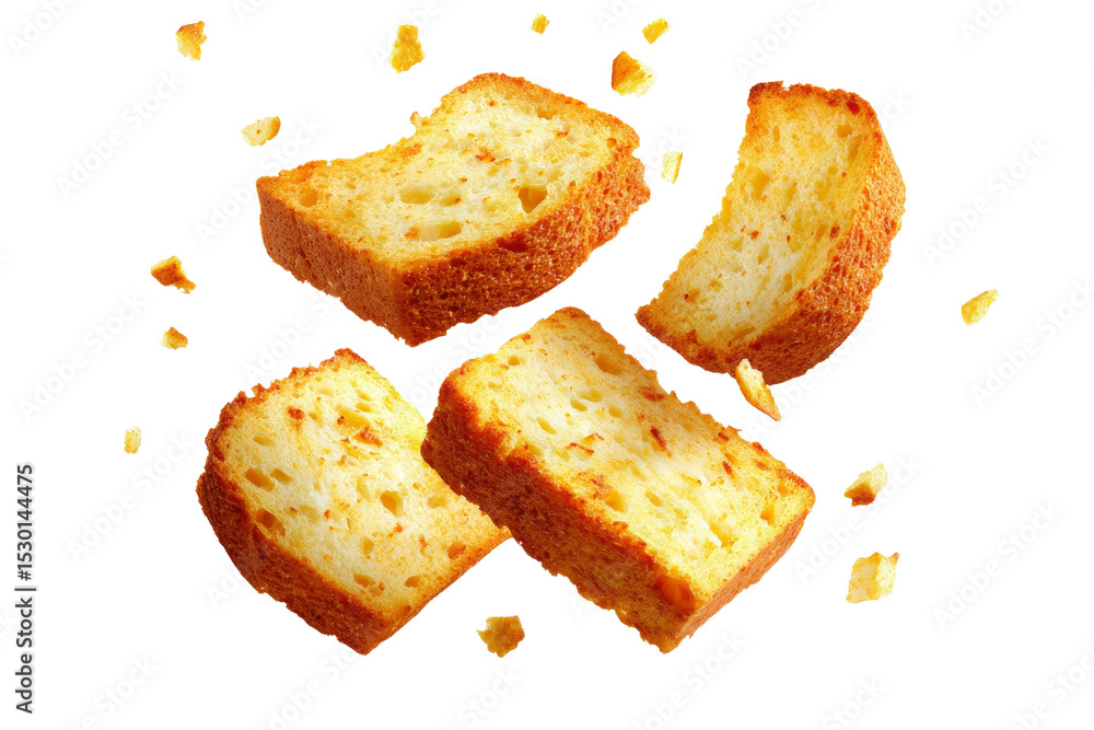 Poster a close up of four pieces of bread with crumbs falling from them