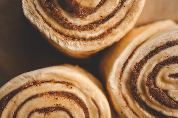 Raw cinnamon rolls arranged on dark background with one close-up swirl bun on a wooden spoon. Homemade pastry preparation before baking