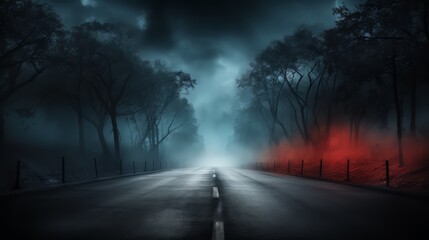 Road with a red line on it. The road is empty and the sky is dark