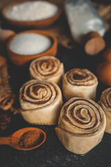 Close-up of raw cinnamon rolls on wooden spoons with baking ingredients like eggs, sugar, milk, flour, and cinnamon on rustic dark background. Homemade pastry preparation