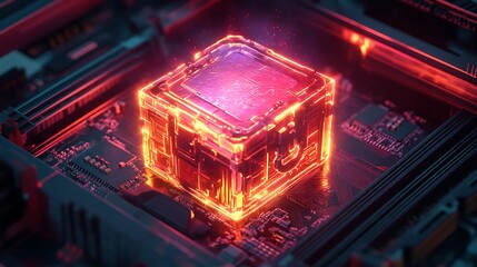 Obraz premium Glowing Circuitry Box on Motherboard Close-up Red and Purple