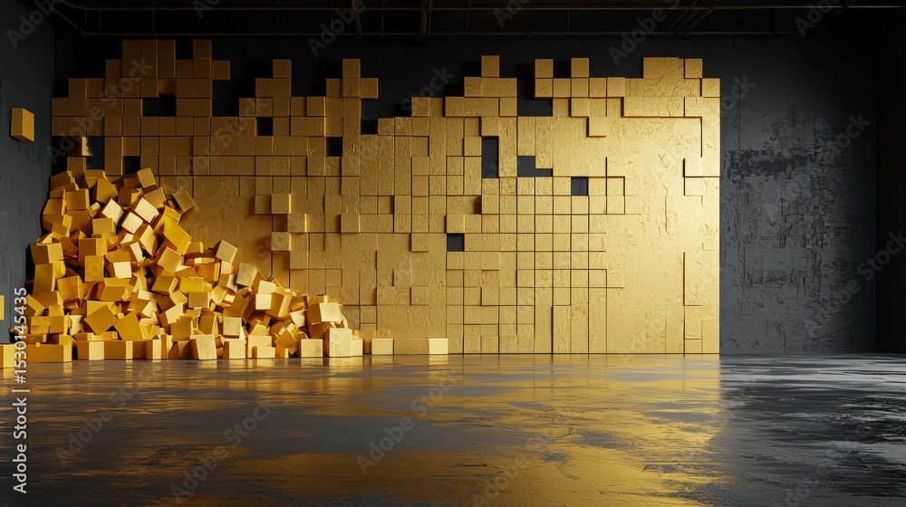 Poster Room with a wall made of gold blocks and a floor made of concrete. The room is empty and has a modern, industrial feel