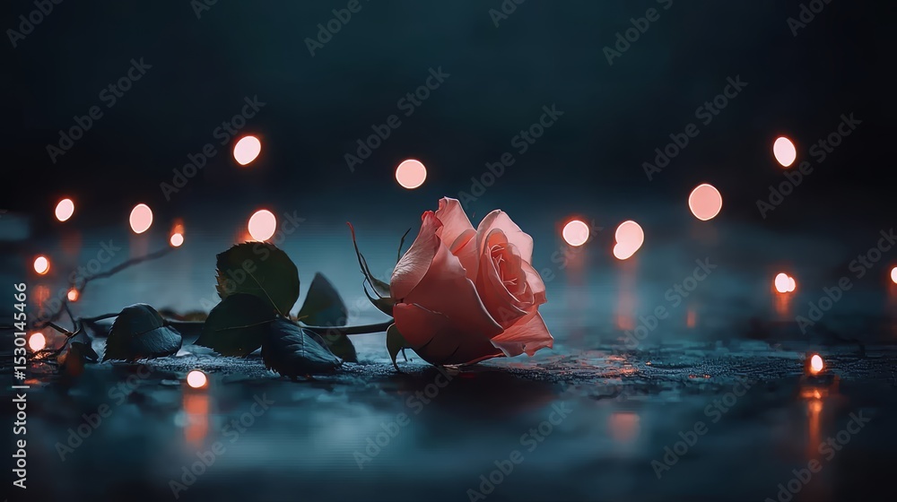 Poster rose is on a dark surface with a light background. the rose is surrounded by a lot of light, which c