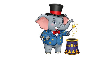 Charming cartoon elephant magician with top hat and wand, performing tricks. Magical circus-style character on white background.