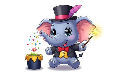 Charming cartoon elephant magician with top hat and wand, performing tricks. Magical circus-style character on white background.