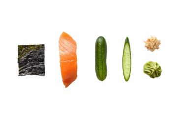 Perfectly lit flat-lay of sushi ingredient set on transparent background