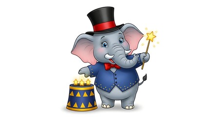 Charming cartoon elephant magician with top hat and wand, performing tricks. Magical circus-style character on white background.