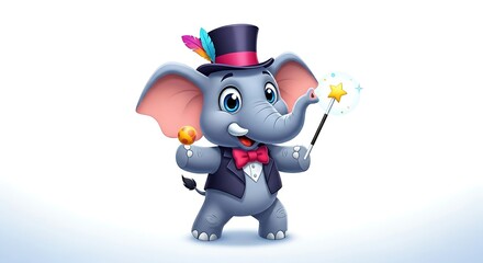 Charming cartoon elephant magician with top hat and wand, performing tricks. Magical circus-style character on white background.