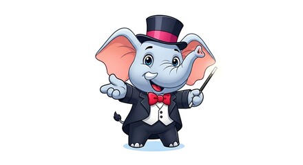 Charming cartoon elephant magician with top hat and wand, performing tricks. Magical circus-style character on white background.