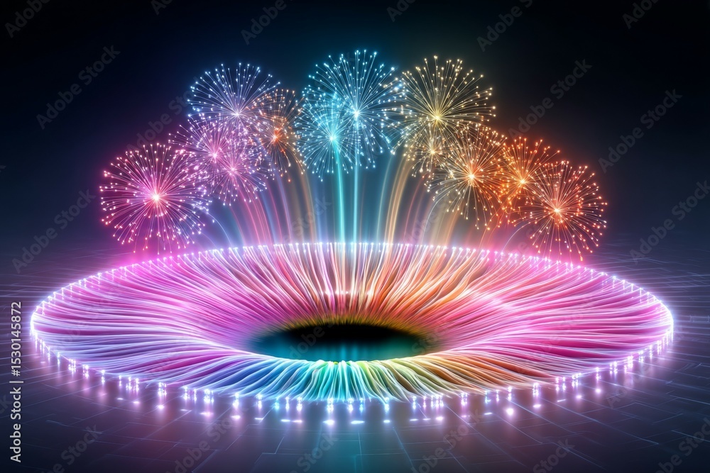 Poster mesmerizing display of multicolored fireworks above vibrant neon light circle