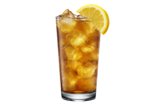 A glass of iced tea with a lemon slice in it