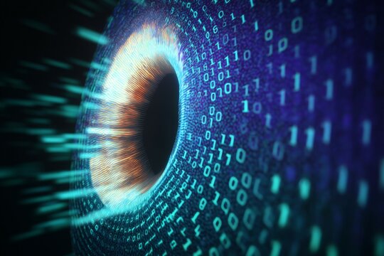 Digital eye with binary code displaying futuristic vision and technology