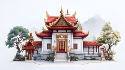 Obraz premium Serene Asian Temple Architecture Red Roof Golden Details Peaceful Landscape