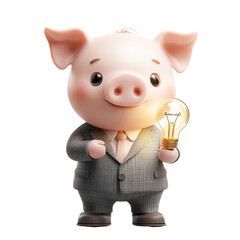Cute Pig in Suit Holding Light Bulb, Symbolizing Business Ideas