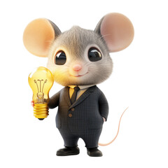 Cute cartoon mouse in business suit holding light bulb concept idea