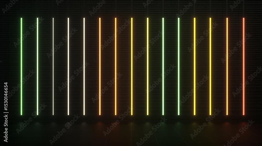 Poster row of neon lights in a dark room. the lights are in a rainbow of colors, from green to yellow. the 