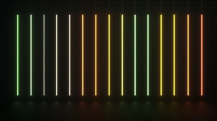 Row of neon lights in a dark room. The lights are in a rainbow of colors, from green to yellow. The lights are arranged in a straight line, with each light being a different color