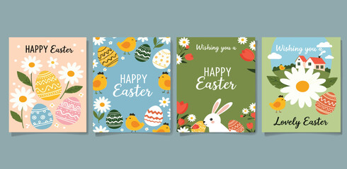 Happy Easter banner. Trendy Easter design with typography, hand painted strokes and dots, eggs and bunny in pastel colors. Modern minimal style. Horizontal poster, greeting card, header for