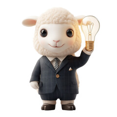 Cute Sheep Character in Business Suit Holding Light Bulb Idea Concept