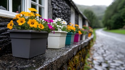 Row of potted plants sit on a stone wall next to a road. The plants are of various colors and sizes, and they are arranged in a way that creates a sense of harmony and balance. The scene is peaceful