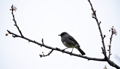 Bird sitting on branch with white background, peaceful scene