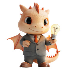 Cute cartoon dragon in business attire holding light bulb concept