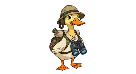 Cartoon duck explorer with backpack and binoculars, ready for an adventure. Travel-themed animal character on white background.