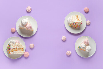 Plates with pieces of yummy Birthday cake and meringue on lilac background