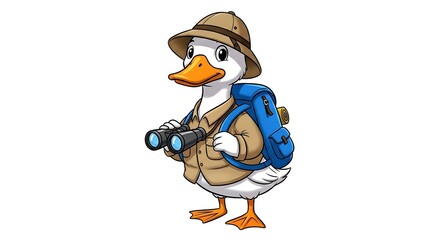Cartoon duck explorer with backpack and binoculars, ready for an adventure. Travel-themed animal character on white background.