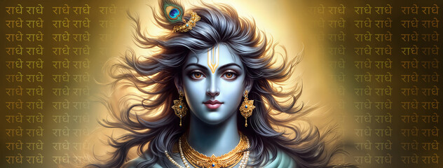 Krishna Ji Close up Pose with Big Hairs and Radhe Radhe Written in Background 
