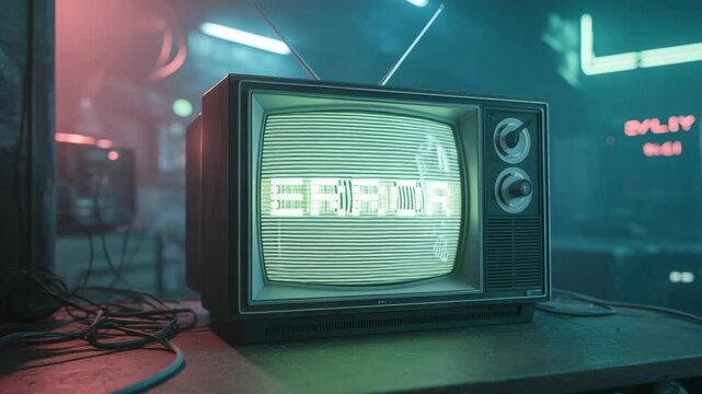 Vintage television displaying error message in dimly lit retro room