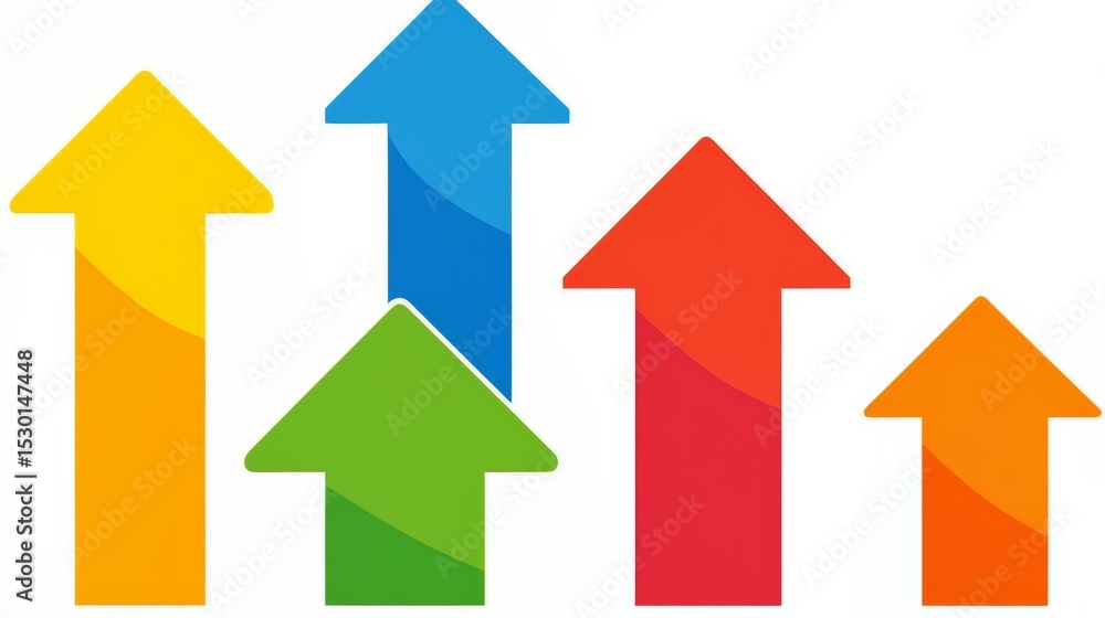 Poster Series of colorful arrows pointing upwards. The arrows are of different colors and sizes, and they are arranged in a row. Concept of growth, progress, and upward movement