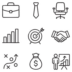 Corporate Business Essentials Outline Icon Set – Black and White Vector