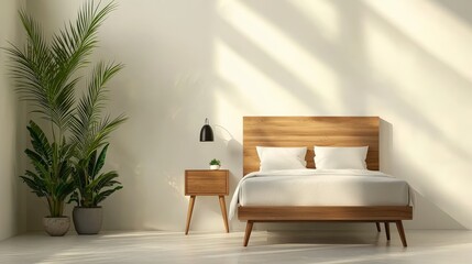 Serene Bedroom Interior with Plant Decor: A minimalist bedroom interior with a wooden bed frame and headboard, accentuated by sunlight and the presence of lush indoor plants.