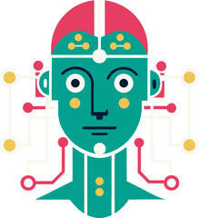 Funny cartoon android, zombie, and robot illustration with bright colors and graphic shapes