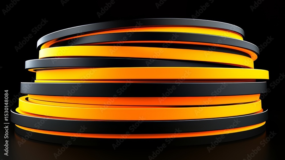 Poster series of orange and black cylinders arranged in a spiral. the colors are bold and contrasting, crea