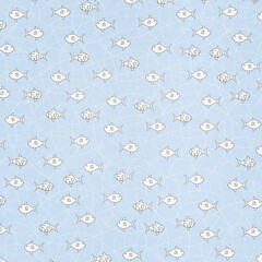Seamless light blue fish pattern with delicate line-art ocean elements. Soft marine design ideal for baby textiles, kids’ prints, wrapping paper, beach décor, and cute nautical projects.