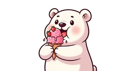 Cute cartoon polar bear eating ice cream. Summer and cold character mix on white background.