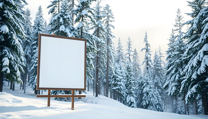 Snow-covered forest with a pristine blank advertising poster at a winter ski resort., dramatic. with white shades