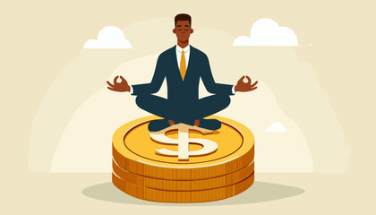 Financial guru or expert, behavioral finance mindfulness for wealth management, money and investment advisor concept, smart businessman meditate and floating on big golden money dollar coin. 