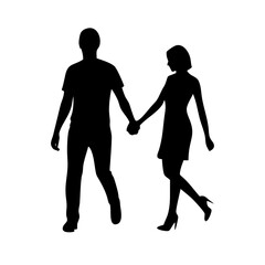 Silhouette of a Couple Holding Hands, Walking Together
