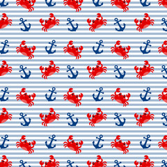 Seamless nautical pattern with red crabs and blue anchors on light blue stripes. Playful marine design ideal for summer textiles, kids’ prints, beach décor, and coastal-themed projects. © MedReda