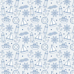 Obraz premium Seamless nautical pattern with blue line-art boats, anchors, lighthouses, lifebuoys, and ship wheels on a light background. Ideal for kids’ prints, summer textiles, wrapping paper, and marine designs.