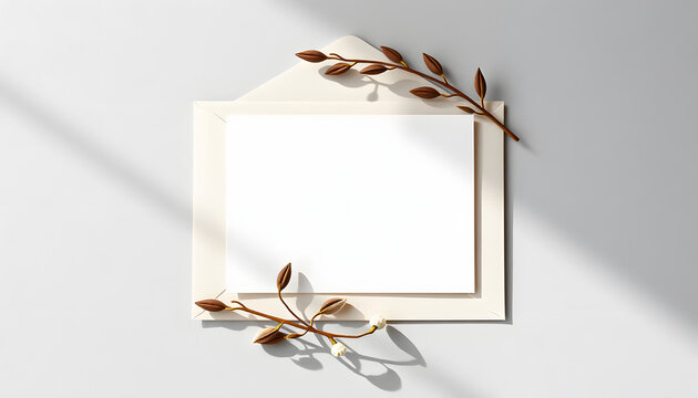 Elegant neutral grey 5x7 wedding invitation mockup with envelope, soft natural lighting, versatile blank greeting card for baby showers and bridal events, flat papercut style. with white shades